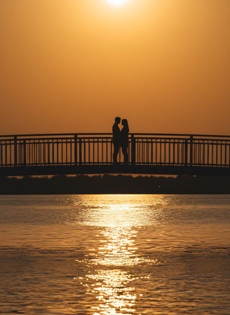 Silhouette of young couple kissing on a bridge at sunset.の素材