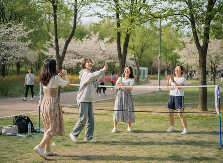 Group of asian women playing badminton in the park.の素材