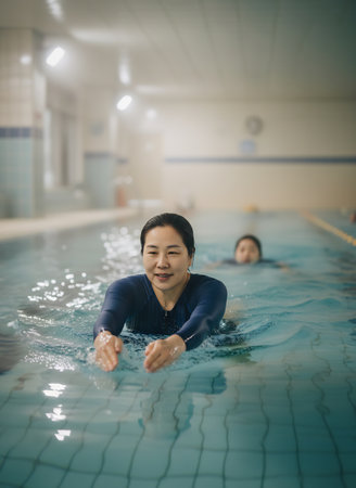 Young Asian woman swimming in indoor swimming pool. Healthy lifestyle concept.の素材