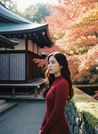 Beautiful asian woman in red sweater in kyoto, japanの素材