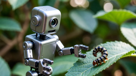 Robot with caterpillar on a green leaf. Close up.の素材