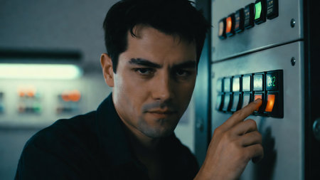 Close up of a man pressing a button on a control panel.の素材