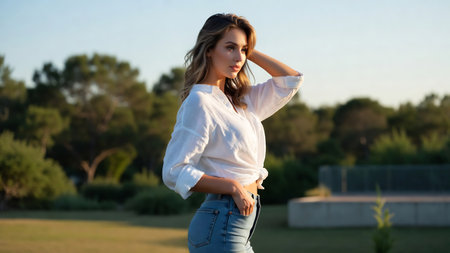 Outdoor portrait of a beautiful young woman with long blond hair, wearing a white shirt and blue jeans.の素材