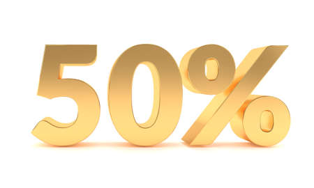 Golden 50 percent discount sale promotion. 50% discount isolated on white backgroundの写真素材
