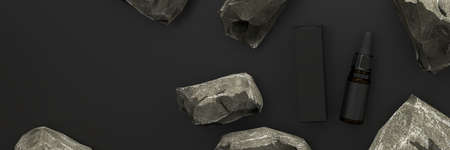 Black dropper pipette bottle mockup on black background with rocks. CBD oil dropper bottle. Serum...