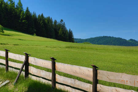 Wooden fence on a green meadow in the Carpathiansの写真素材