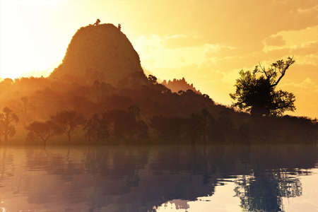 Sunset sunrise at the lake 3D renderの写真素材