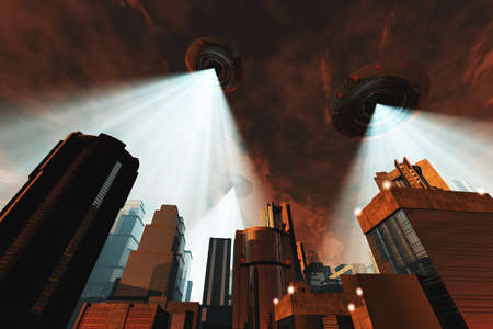 Ufo Flying on Earth at Night over Fieldの写真素材