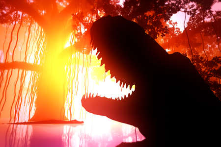 Aligators in Mysterious Fairy Tale Fantasy Deep Jungle in Water 3D Illustrationの写真素材