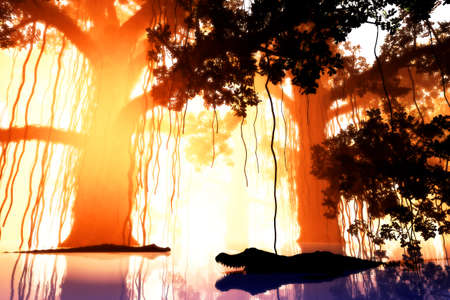 Aligators in Mysterious Fairy Tale Fantasy Deep Jungle in Water at Night 3D Illustrationの写真素材