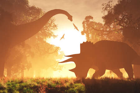 Dinosaurs in Prehistoric Jungle in the Sunset Sunrise 3D Artworkの写真素材