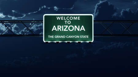 Arizona USA State Welcome to Highway Road Sign at Nightの写真素材