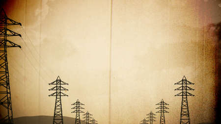 High Voltage Electric Poles in the Sunset Sunrise 3D artwork illustration vintage designの写真素材
