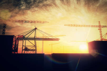 Industral Area and Cranes in the Sunset Sunrise 3D artwork illustrationの写真素材