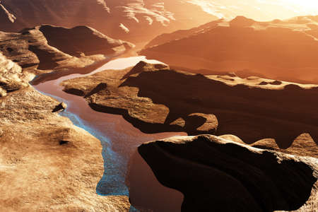 Aerial shot of a Canyon with a Natural Fault Drainage Basin Lake 3D Artwork Illustrationの写真素材