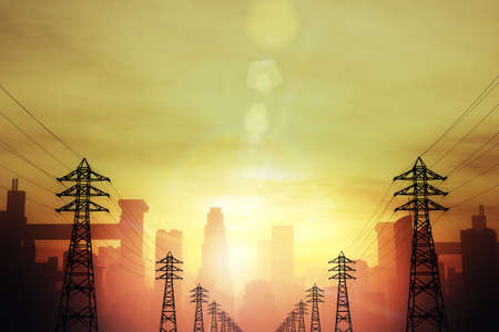 High Voltage Electric Poles and a Huge Smoggy Metropolis in the Sunset Sunrise 3D artwork...