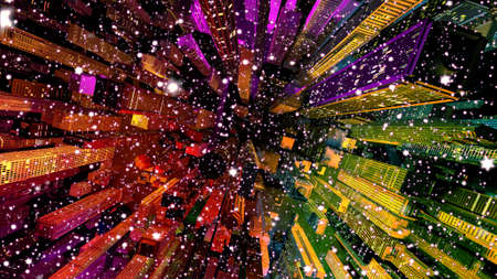 Modern City Lit by Colorful Light Effects at Night 3D Illustration. Concept to any big modern city...