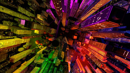 Modern City Lit by Colorful Light Effects at Night 3D Illustration. Concept to any big modern city with the New Year's Eve vivid atmosphere.の写真素材