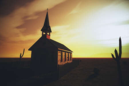 Old Wooden Christian Desert Chapel 3D Illustrationの写真素材