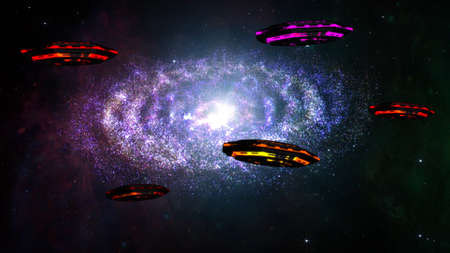 Alien Spaceship Flying in Amazing Planetary Nebula Galaxy 3D Illustration