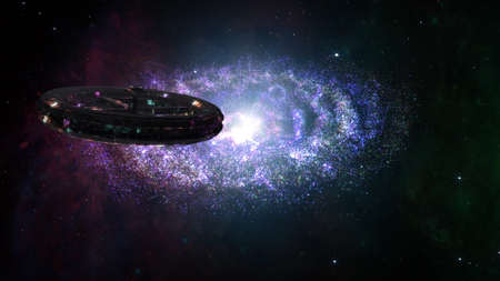 Alien Spaceship Flying in Amazing Planetary Nebula Galaxy 3D Illustrationの写真素材
