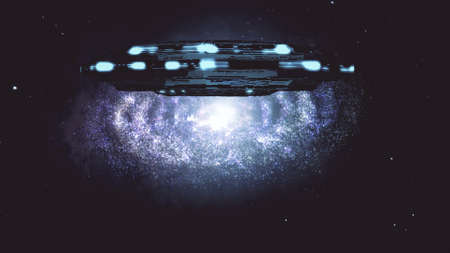 Alien Spaceship Flying in Amazing Planetary Nebula Galaxy 3D Illustrationの写真素材