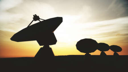Radio Telescope Antenna Observatory Arrays, Dishes Under Cloudy Sky in the Sunset Sunrise 3Dの写真素材