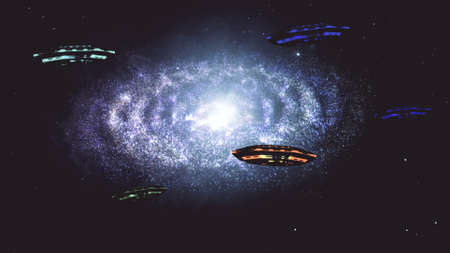 Alien Spaceship Flying in Amazing Planetary Nebula Galaxy 3D Illustration