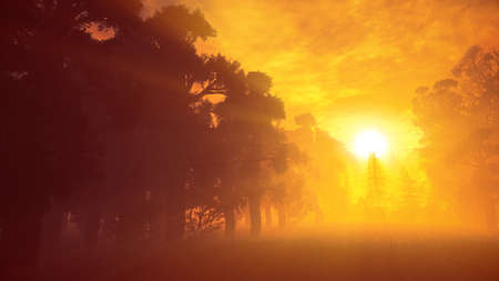 Lush Prehistoric Forest in the Sunset Sunrise Lightrays 3D Illustration