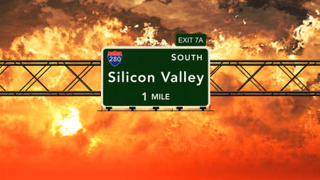 Silicon Valley USA Interstate Highway Sign in a Beautiful Cloudy Sunset Sunrise Photorealistic 3D Illustrationの写真素材