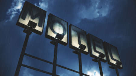 Old Grungy Motel Sign in RainReal Clouds Timelapse and 3D Design Compositeの写真素材