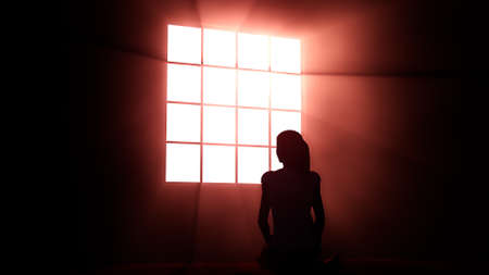 Lonely Woman in Melancholy Sitting in an Empty Room against Lightrays 3D Illustrationの写真素材