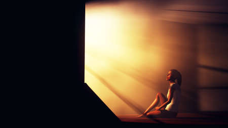 Lonely Woman in Melancholy Sitting in an Empty Room against Lightrays 3D Illustrationの写真素材