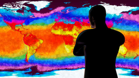 Man Watching Earth Global Warming 3D Illustrationの写真素材