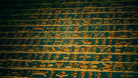 Vertical Golden Egyptian Hieroglyphs Ancient Wall Illustrationの写真素材