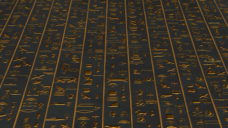 Golden Egyptian Hieroglyphs Ancient Wall Illustrationの写真素材