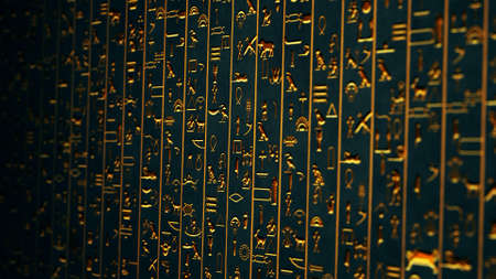 Golden Egyptian Hieroglyphs Ancient Wall Illustrationの写真素材