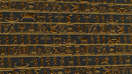 Vertical Golden Egyptian Hieroglyphs Ancient Wall Illustrationの写真素材