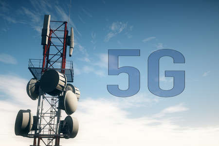 5G Telecommunication Tower under Blue Sky 3D Illustrationの写真素材