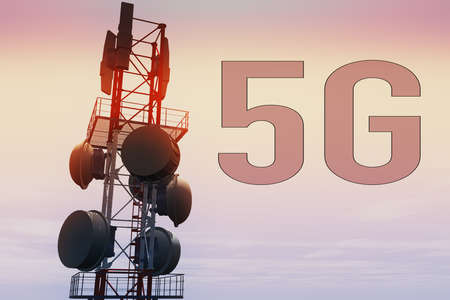 5G Telecommunication Tower in Sunset Sunrise 3D Illustrationの写真素材