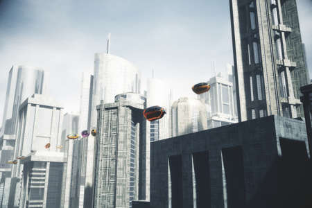 Autonomous Electric Vehicles City Future 3D Illustrationの写真素材