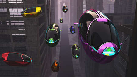 Autonomous Future Electric Vehicles in Night City 3D Illustrationの写真素材