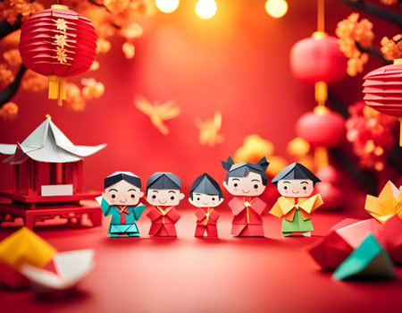 Hina dolls on red background for Chinese New Year,Chinese Festivals. Origami designの素材