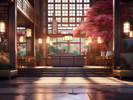 3D rendering of Japanese restaurant interior in a classic Japanese style.の素材