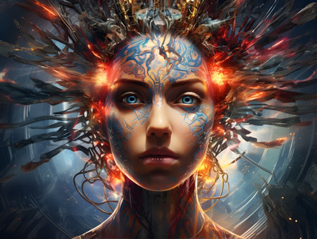 3d rendering of a female face with futuristic body art design.の素材