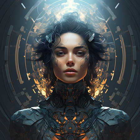 Cyborg woman with futuristic HUD background. 3d rendering toned imageの素材