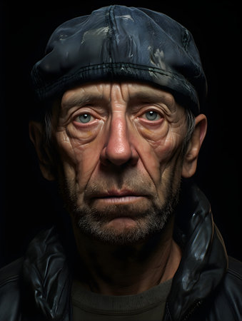 Portrait of an elderly man in a cap on a black backgroundの素材