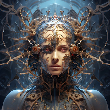 3d rendering of a female robot with a crystal crown on her headの素材