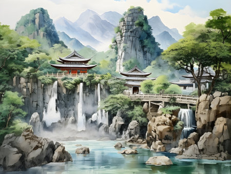 Ancient Chinese Landscape Watercolor Art Painting AI Artworkの素材