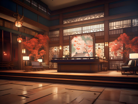 Japanese restaurant interior. 3D rendering. Vintage style toned image.の素材